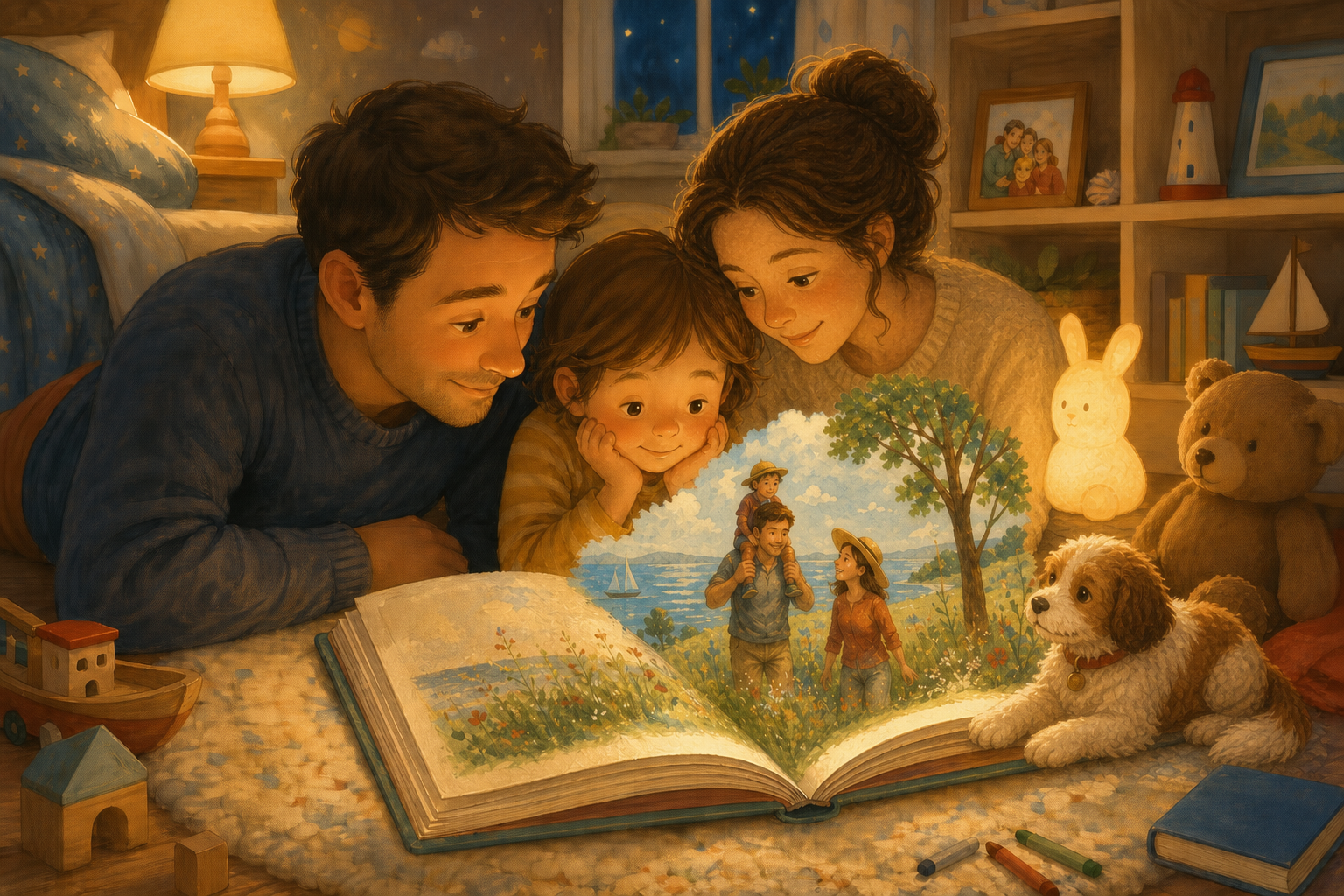An illustrated family storybook open on a cozy bedroom rug.