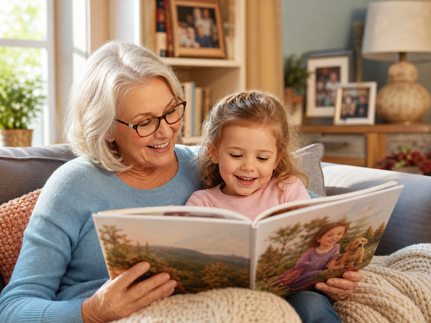 A grandparent and grandchild reading a personalized children's book together in a cozy living room.